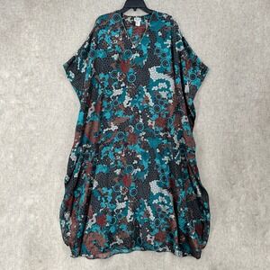 Sante Classics Satin Kaftan House Dress OS Teal Floral V Neck Caftan Kimono